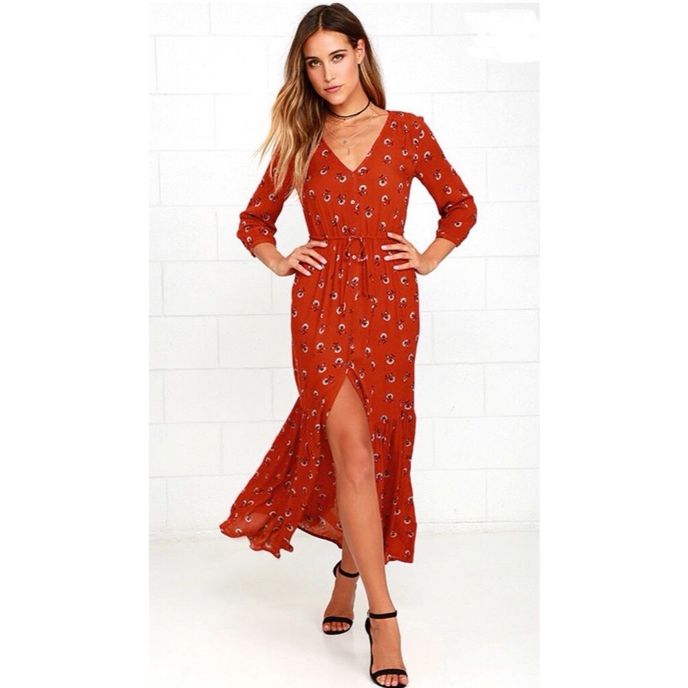 Amuse Society Kimia Rust Red Floral Print Fall Maxi Dress